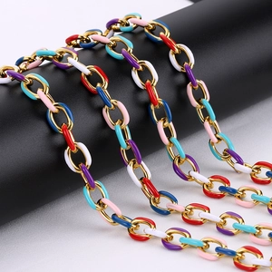 Close-up of rainbow enamel drip oil O-link chain in gold stainless steel finish