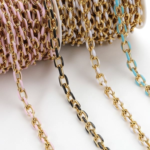 Macro detail of gold-plated stainless steel O-chains with colorful enamel links