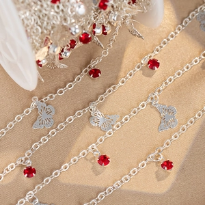 Silver cross chain with red claw rhinestones and hollow butterfly charms for DIY jewelry