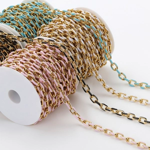 Detail of colorful enamel metal O-chain on spool for DIY jewelry making and crafts