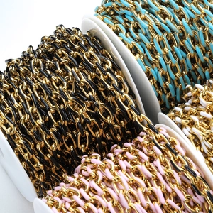 Macro view of colorful enamel O-chain rolls in gold finish for DIY jewelry making