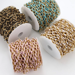 Golden stainless steel O-link chains with colorful enamel coating on four white spools