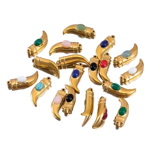 Polished gold stainless steel tusk pendants with colorful inlaid gemstones for DIY jewelry