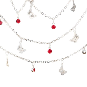 Silver butterfly chain necklace with sparkling red crystals and delicate filigree pendants