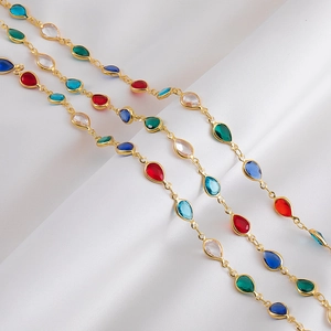 Exotic colorful teardrop glass stones on gold chain link for luxury jewelry making