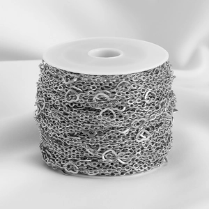 Detailed macro view of stainless steel heart-shaped link chain for DIY jewelry making
