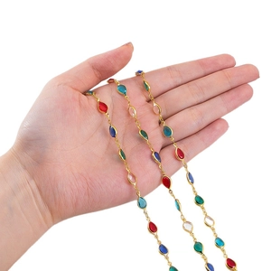 Exotic colorful teardrop glass stones on gold plated chain for DIY jewelry making