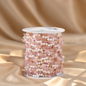4mm pearl and pink crystal butterfly chain on spool for DIY jewelry making and crafting