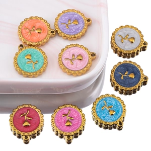 Colorful rose relief pendant set with gold metal base and scalloped edge for DIY jewelry