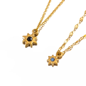 Gold stainless steel eight-pointed star pendant necklace set with crystal stones