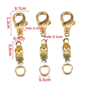 Detailed size specifications for golden lobster clasps, ribbon ends, and jump rings set