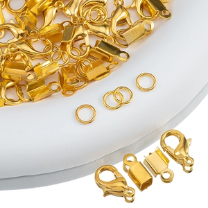 Detailed view of gold plated lobster clasps and jump rings for DIY jewelry making