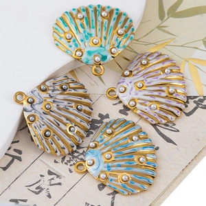 Colorful enamel shell pendants with pearls for DIY jewelry making in four vibrant shades