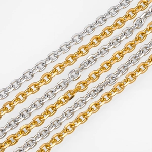 Detailed view of polished gold and silver aluminum O-chain links for DIY jewelry making