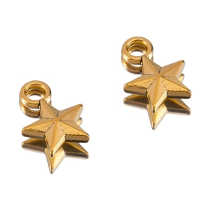 Macro detail of 3D gold star pendants featuring a brushed metal texture and top hanging loops