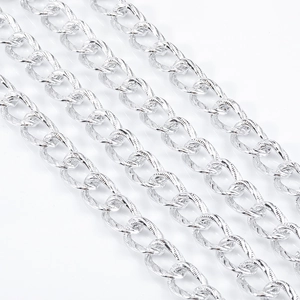 Macro detail of silver aluminum twist link chain showing decorative rope textures