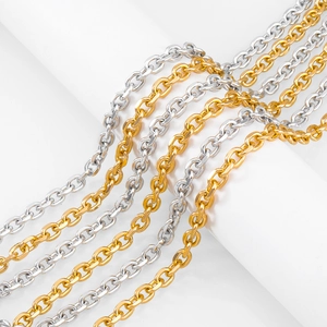 Detail view of flat O-shaped aluminum link chains in gold and silver plating