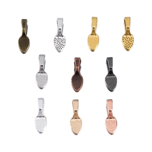 Detail showing ten colorful alloy jewelry bail clasps in various metallic finishes