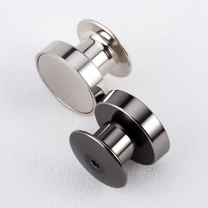 Polished silver and black magnetic metal badge converters and fridge magnet accessories