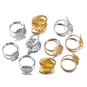 Adjustable ring base blanks with round perforated trays in gold and silver finish