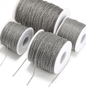 Detail of bulk stainless steel O-chain link rolls on white spools for DIY jewelry making