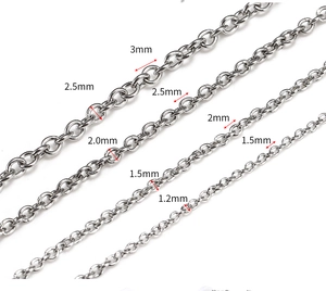 Detailed comparison of stainless steel O-chain widths from 1.2mm to 3.0mm for DIY jewelry