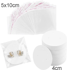 Detail of 4cm round jewelry display card and 5x10cm clear poly bag with butterfly earrings