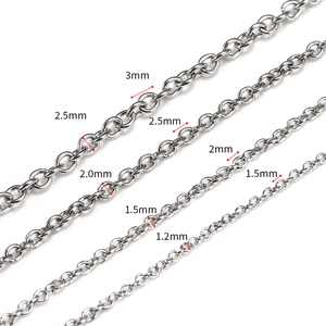 Polished stainless steel cross chain necklaces in various widths from 1.2mm to 3mm