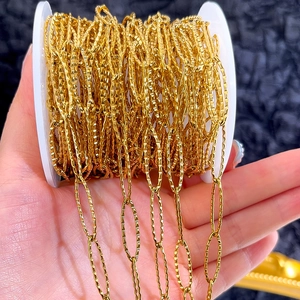 Detailed macro view of textured gold stainless steel chain on a spool for DIY jewelry