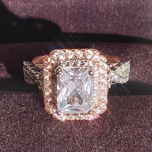 Elegant 14k rose gold ring with princess cut square diamond and double halo setting