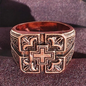 Retro bronzen Jeruzalem kruis ring voor heren met vintage gegraveerde patronen