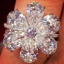 Detailansicht eines Blumenrings mit Zirkonia-Steinen im Birnenschliff am Finger getragen
