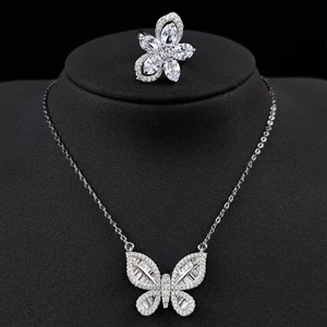 Exquisite silver butterfly necklace and floral ring jewelry set with white zircons