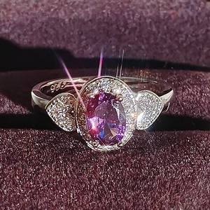 Elegant S925 silver ring with large oval purple zircon and heart-shaped accents