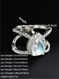 Detailed size chart for teardrop moonstone ring showing band width and inner diameter sizes