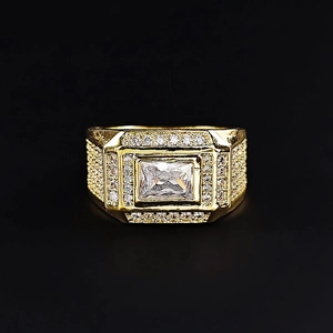 Classic gold-plated iced out ring for men with micro-pave cubic zirconia and square center stone
