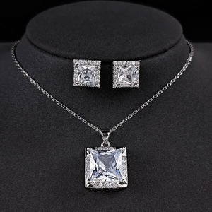 Elegant silver square halo jewelry set with necklace and stud earrings for women