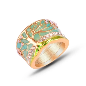 Vintage Goldring mit Lebensbaum-Motiv, minzgrünem Emaille und rosa Kristallen besetzt