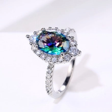 Close-up of silver ring featuring an oval mystic topaz center stone with zircon halo
