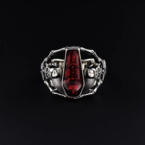 Vampire Gothic Coffin Ring With Skull And Skeleton Hands Design Retro Punk Style Red Stone Copper Ring Halloween Jewelry