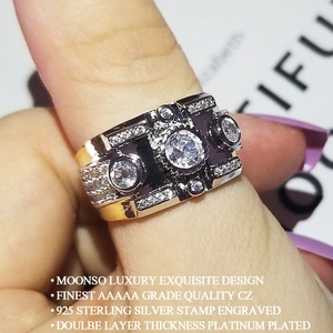 Men's wide geometric ring with three large clear zircons and 925 silver finish