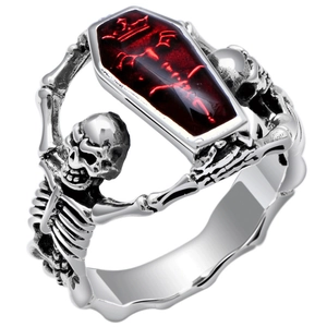 Gothic Punk Skeleton Coffin Ring For Men Vintage Copper Red Stone Skull Bone Ring Halloween Party Jewelry Finger Ring