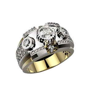 Mechanical style men's two-tone ring with central zircon and geometric metal patterns
