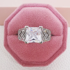 Square zircon faux diamond ring with vintage carved silver band in pink velvet box