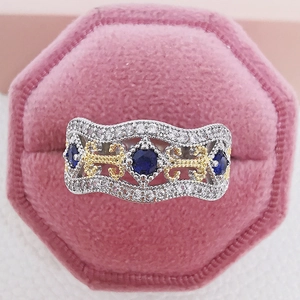 Vintage Wide Band Copper Ring For Women Gold Silver Two-tone Hollow Wave Edge Blue Synthetic Sapphire White Zirconia Ring