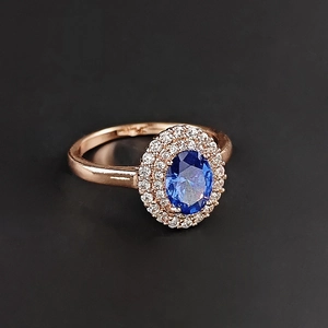 Vintage Königsblau Oval Saphir Zirkonia Doppel Halo Roségold Vergoldet Kupfer Ring Für Damen Hochzeit Party Schmuck Fingerring