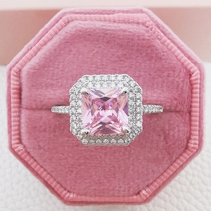 Elegant square pink cubic zirconia ring with double halo setting on pink velvet box