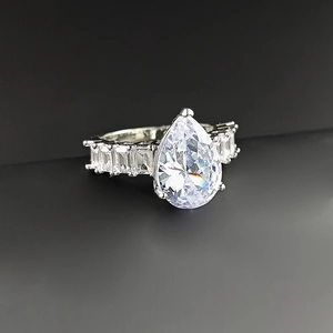Elegant pear-cut cubic zirconia ring with micro-pave side stones in silver-tone finish