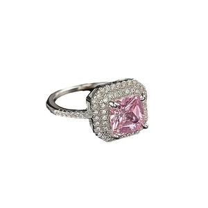Luxury square pink zircon ring with double halo pavé setting in silver-tone metal