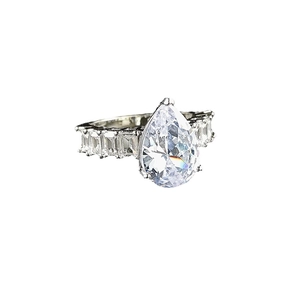 Elegant pear cut teardrop zircon ring with rectangular pavé stones in silver finish